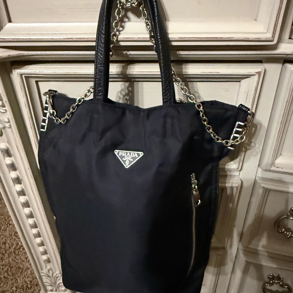 Prada Black Nylon Tote with Chain-Trim Handles - Picture 5 of 8